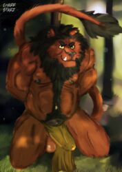 absurd_res balls biceps bondage bound captured charr_starz clothing felid feline forest hi_res invalid_tag jagg lion loincloth male male_only mammal mane musclegut muscular muscular_male nipples pantherine pecs scenery thefellion tree tribal