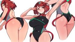 1girl armpits ass back black_one-piece_swimsuit breasts cameltoe clothing_aside competition_swimsuit covered_navel highres huge_breasts large_breasts multiple_views one-piece_swimsuit pussy pyra red_eyes red_hair red_one-piece_swimsuit solo sorian66 swimsuit swimsuit_aside thighs xenoblade_(series) xenoblade_chronicles_2