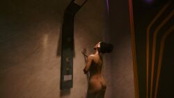 3d 3dcg ass ass_focus back_view brown_hair_female cyberpunk_(series) cyberpunk_2077 dark-skinned_female edited_screencap female female_only game_cg game_mod krong_(artist) nameless_character nude_female oblivious_sexualization showering source_request tagme unnamed_character wet_body