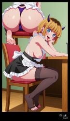 1girl solo blonde_hair short_hair blunt_bangs blue_eyes demon_horns fake_horns mature_female beautiful_face happy_expressive_face tongue_out maid_costume frilled_dress micro_dress apron thighhighs garter bent_over_table sitting full_body feet_focus toes five_toes pedicure manicure masterpiece best_quality ultra_detailed sharp_focus dramatic_lighting 4k 8k memcho oshi_no_ko ai_generated nipples big_ass