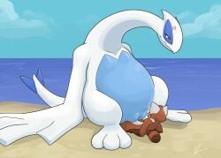 ailurid angry angry_sex anthro beach bodily_fluids duo female female_on_top feral generation_2_pokemon genitals hot_dog_down_a_hallway konen larger_female legendary_pokemon lugia male male/female mammal nintendo on_top open_mouth overweight overweight_female plump_labia pokemon pokemon_(species) red_panda sex sex_on_the_beach signature size_difference smaller_male sweat sweatdrop vulva