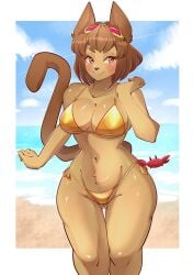 beach beach_background big_breasts bikini boobs breedable cat_ears cat_tail catgirl crab curvy_female curvy_figure female_only gameoverse glitch_productions goggles_on_head golden_bikini golden_week kit_(gameoverse) ocean sand sexy_female taller_female tight_bikini zevulpes