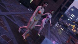 2girls 3d 3dcg absurd_resolution bare_shoulders barefoot bikini black_hair_female collarbone edited_screencap female_only flip_flops grand_theft_auto grand_theft_auto_online gta_online_female_character headphones high_resolution highres lesbian lesbians long_hair_female los_santos mattiejas mature_females navel oblivious_sexualization raining red_hair rockstar_editor source_request strutting twintails yellow_bikini_bottom