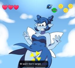 absurd_res black_eyes blue_body blue_clothing blue_dress blue_hair blue_vulva breasts cleavage clothed clothing cloud dialogue dress eyelashes fairy female female_only front_view genitals hair hi_res humanoid humanoid_pointy_ears insect_wings navi nintendo no_underwear ocarina_of_time pointy_ears short_hair sky solo starioforreal text text_box the_legend_of_zelda thick_thighs upskirt user_interface vulva wide_hips winged_humanoid wings