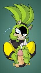 surge_the_tenrec sonic_the_hedgehog_(idw) sonic_the_hedgehog_(comics) sonic_(series) green_fur hairband spiked_bracelet finger_ring finger_rings ear_piercing fangs sharp_teeth black_top torn_sleeves baggy_pants striped_legwear barefoot feet foot_fetish footjob femdom cbt ball_trampling stomping foot_focus cock penis cock_ring angry middle_finger flipping_viewer_off female nasiri_(artist)