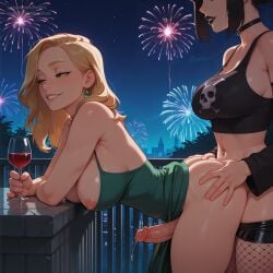 2futas futanari sex sex_from_behind futa_on_futa bent_over fireworks wine blonde_hair black_hair goth ai_generated pasart