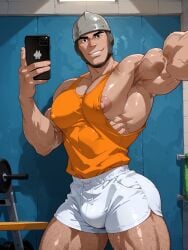 1boy 2025 ai_generated armpit_hair bara bulge civitai dirk_the_daring dragon's_lair gay grin gym jakiboy light_skin male male_only muscular nipples nipples_visible_through_clothing orange_tank_top phone selfie shorts solo tank_top video_games white_shorts yaoi