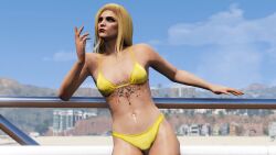 3d 3d_(artwork) 3dcg alternate_outfit bare_shoulders battle_scars blonde_hair_female breast_tattoo cleavage collarbone female_focus female_only game_cg game_mod grand_theft_auto grand_theft_auto_online gta_online_female_character high_resolution large_breasts leaning_against_railing leaning_to_the_side long_hair los_santos navel navel_piercings necklace older_female older_woman red_lipstick rowena source_request standing yellow_bikini