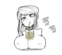 blush bubble_tea_challenge cup drinking female fufucatu komi-san_wa_komyushou_desu komi_shouko long_hair monochrome tapioca_challenge