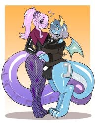 2026 absurd_res animate_inanimate anthro anthro_on_anthro big_breasts black_clothing black_latex black_sweater black_topwear blue_body breasts bulge clothing digital_media_(artwork) digitigrade dragon duo felid female female_only fishnet_clothing fishnet_legwear goo_hair gynomorph gynomorph/female hair handles_on_thighs hi_res horn inflatable intersex intersex/female latex legwear leopard lettuce_(artist) living_inflatable mammal mythological_creature mythological_scalie mythology orange_background pantherine ponytail pseudo_hair purple_body scalie side_view simple_background smile sweater tail topwear