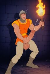 1boy 2025 ai_generated balls big_penis blush civitai cum cumshot dirk_the_daring dragon's_lair dungeon erection gay light_skin mabelxd male male_only muscular penis penis_through_fly pleasure_face solo torch video_games yaoi
