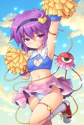 1girls alternate_costume armpits blush cheerleader cosplay crop_top embarrassed hairband heart impossible_clothes kurogarasu microskirt midriff miniskirt nose_blush outdoors panties pantyshot pink_hair pom_poms pose purple_eyes satori_komeiji short_hair skirt small_breasts solo standing standing_on_one_leg striped_panties stripes sweat touhou underwear upskirt