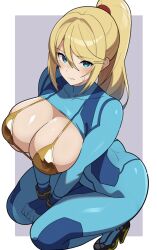1girl ass bikini blonde_hair blue_bodysuit blue_eyes blush bodysuit breasts cleavage commentary gold_bikini gold_swimsuit gold_swimwear golden_bikini golden_swimsuit golden_swimwear golden_week hair_up high_heels high_ponytail large_breasts long_hair long_sleeves looking_at_viewer metroid mituyota_76 nintendo ponytail samus_aran sidelocks solo squatting sweat swimsuit zero_suit zero_suit_samus