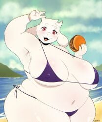 undertale jaypixi undertale_(series) toriel bovid caprine goat mammal 5:6 absurd_res hi_res anthro beach belly big_breasts bikini bikini_bottom bikini_top bracelet breasts burger clothing female food fur gesture hand_gesture holding_food holding_object jewelry overweight overweight_anthro overweight_female raised_arm red_eyes slightly_chubby slightly_chubby_female smile solo swimwear thick_thighs tight_clothing two-piece_swimsuit v_sign water white_body white_fur wide_hipped_female wide_hips