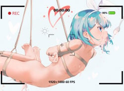 1girl absurdres arms_behind_back arona_(blue_archive) ass barefoot battery_indicator bdsm blue_archive blue_background blue_eyes blue_hair blush bondage bound bound_arms bound_legs bow bow_hairband braid collarbone colored_inner_hair commentary_request completely_nude cum cum_in_mouth cum_on_body cum_on_chest cum_string cumdrip facial feet flat_chest hair_between_eyes hairband halo heart heart_halo highres looking_ahead medium_hair multicolored_hair navel nipples nude open_mouth pink_hair recording shibari shin_maboroshi sidelocks simple_background single_braid solo spoon stomach suspension teeth thighs tongue tongue_out upper_teeth_only viewfinder white_bow white_hairband
