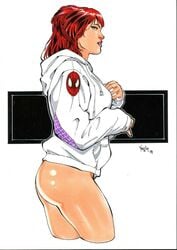 1girls 2019 5_fingers artist_name ass blue_eyes blush bottomless butt dated ed_benes_studio eyelashes eyeshadow female female_focus female_only hair half_naked hoodie human human_only jacket lipstick long_hair long_sleeves looking_at_viewer makeup marvel marvel_comics mary_jane_watson mascara no_panties no_underwear nude nudity open_eyes pinup red_hair redhead signature simple_background solo solo_female solo_focus spider-man_(series) standing thighs uncensored vagner_fernandes white_hoodie white_jacket