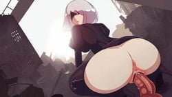 1boy 1girls 2d 2d_animation animated anus ass blindfold bottomless facing_away gif hetero looking_back male_pov nier nier:_automata nier_(series) penis pov short_hair straight thighhighs vaginal_penetration vinegarjar white_hair yorha_2b