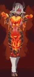 breast_squeeze female holstaurus_(monster_girl_encyclopedia) hooves horn horns lava_golem_(monster_girl_encyclopedia) monster_girl monster_girl_encyclopedia sad solo solo_female volcanic_creature white_hair