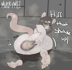 anthro bodily_fluids butt demanding digital_media_(artwork) feet foot_fetish foot_focus hair inside male mammal murid murine musk musk_cloud muskymei presenting presenting_hindquarters rat rodent shithole smelly smelly_butt smelly_feet solo sweat sweaty_body sweaty_butt sweaty_feet tail text