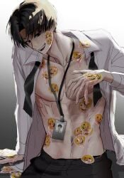 1boy black_eyes black_hair blushing blushing_at_viewer covered_in_cum ghost_story_gotta_work id_card kim_soleum lust lustful_gaze male_only muscular_male red_pupils sharp_teeth shirt_open smiley_face smiley_stickers solo_focus