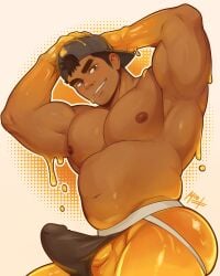 1boy arms_up ass backwards_hat bara baseball_cap biceps brown_eyes brown_hair bulge chris_(moo_fino) covered_penis cowboy_shot dripping erection erection_under_clothes gradient_eyes grin groin hair_through_headwear hands_on_own_head hat highres jockstrap large_pectorals large_penis looking_down male_focus male_underwear monster_boy moo_fino multicolored_eyes muscular muscular_arms muscular_male navel nipples orange_eyes original pectorals penis penis_peek shiny_skin sideburns signature skindentation slime_boy smile solo solo_male thick_eyebrows underwear