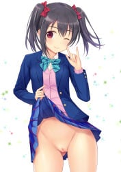 black_hair blue_jacket blue_skirt female female_only flashing flashing_pussy green_bow love_live! love_live!_school_idol_project miniskirt n.g. no_panties no_panties_under_skirt no_underwear no_underwear_(female) open_jacket pink_shirt plaid_skirt pleated_skirt pussy red_eyes school_uniform skirt_lift smile twintails uncensored wink winking_at_viewer yazawa_nico