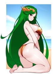 1girl alluring ass barefoot big_breasts bikini bikini_bottom bikini_top bottomwear breasts feet female female_only goddess gold_bikini golden_bikini golden_week green_eyes green_hair hair jaxdrawz kid_icarus long_hair mature mature_female mature_woman on_knees palutena side_view sideboob solo solo_female swimwear thick_thighs thighs topwear