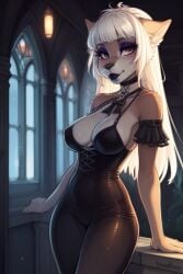 ai_generated armwear barely_covered_breasts big_eyes black_clothing breasts canid choker cleavage clothed clothed_female clothing female female_only form_fitting full_breasts furry furry_female goth goth_girl goth_makeup gothic_architecture hair indoors jackal leaning_on_railing long_hair looking_at_viewer makeup mammal medium_breasts necklace pantsuit pink_eyes railing seductive seductive_eyes seductive_look seductive_pose sexy shiny_clothes slim slim_female slim_waist solo solo_anthro solo_female tan_body tan_fur tight_clothes tight_clothing white_hair
