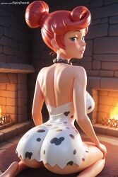 1girl ai_generated artist_name ass bare_shoulders barefoot brick_wall double_bun dress female female_only fence fireplace hair_bun hi_res high_quality high_resolution jewelry looking_at_viewer looking_back necklace patreon seductive sexy sitting solo spicytoonai stone_wall strapless strapless_dress uncensored watermark web_address white_dress
