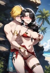 ai_generated beach bikini biting_own_lip brown_nipples cinder_fall dark_nipples jaune_arc licking_lips medium_breasts older_female_and_younger_male pussy_juice rubbing_pussy rwby squeezing_breast