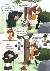 anthro anus ass blush bottomwear bottomwear_down brown_hair clothed clothing crouching desperation domestic_cat feces felid feline felis female green_eyes hair mammal comic pants pants_down partially_clothed rear_view scat solo unoroute unousaya black_hair funny