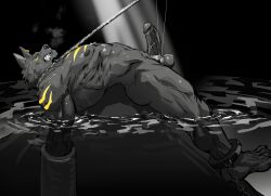 absurd_res anthro arm_bondage athletic ball_rope ball_stretching bdsm black_body bodily_fluids bondage bound breath canid canine canis chained_cuffs clenched_teeth cuff_(restraint) ear_piercing ear_ring erection foreskin genital_rope genitals half-closed_eyes hi_res hudifeiren lying male mammal narrowed_eyes noose nude on_back partially_submerged penis penis_bondage penis_rope piercing restraints retracted_foreskin ring_piercing rope shackles side_view solo sweat teeth torture vein veiny_penis wolf