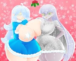 oc original original_character original_characters xan-gelx_(xan) xan42705228 2girls changeling_(fey) changeling glittering_hair glitter glitter_dress blue_eyes blue_dress pasties snowflake snowflake_pasties elf elf_female elf_girl eladrin eladrin_(dnd) winter_eladrin white_hair huge_breasts big_breasts mistletoe christmas christmas_outfit christmas_clothing