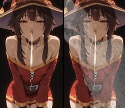 kono_subarashii_sekai_ni_shukufuku_wo! konosuba spit spitting spitting_on_face pov looking_at_viewer pov_eye_contact femdom humiliation puckered_lips disgusted ai_generated mayyreel bending_forward megumin flat_chest red_eyes brown_hair witch_hat