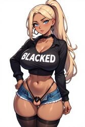 ai_generated chastity_cage chastity_device blacked_clothing big_breasts big_ass big_penis slim_waist wide_hips thick_thighs g-string midriff ponytail booty_shorts blonde_hair dark_skin