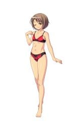 1boy ;p androgynous arm_up armpit_crease barefoot black_bra black_panties black_underwear bow_bra bow_panties bow_underwear bra brown_hair bulge bulge_through_clothing bulge_through_underwear clockup collarbone crossdressing effeminate eroge!_h_mo_game_mo_kaihatsu_zanmai eyebrows_visible_through_hair femboy feminine_male game_cg gay gay_male girly hamashima_shigeo hand_on_chest konohana_miki lace-trimmed_bra lace-trimmed_panties lace-trimmed_underwear lace_bra lace_panties lace_underwear lips looking_at_viewer male male_focus male_only multicolored_bra multicolored_panties multicolored_underwear navel official_art one_eye_closed one_leg_forward panties red_bra red_panties red_underwear short_hair simple_background slim slim_male smile solo solo_male standing straight_hair swept_bangs thighs tongue tongue_out trap underwear underwear_only upscaled weird_anatomy weird_penis white_background wink yellow_eyes
