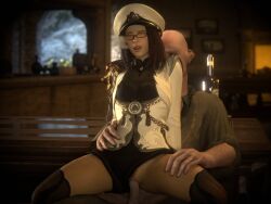 1boy 1girls 3d baori bdo black_desert black_desert_online blender bottoms_aside brown_hair clothed clothed_female clothed_male clothed_sex female glasses indoors ingame_model male navy_hat notablyfishy panties_aside pants_pulled_down penis reverse_upright_straddle sex shorts shorts_aside tamer_(black_desert) tavern vagina vaginal vaginal_penetration vaginal_sex vignette