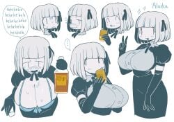 1girls big_breasts black_and_white blush_lines breasts colorless dizzyspells drunk female huge_breasts oc sweat tagme wardrobe_malfunction original original_character alaska_(dizzyspells) hair_ornament bangs bra large_breasts dress english_text