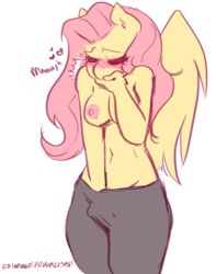 anthro anthrofied blush bottomwear breasts closed_eyes clothed clothing covering_mouth equid equine feathered_wings feathers female fluttershy_(mlp) friendship_is_magic hand_in_pants heart hi_res mammal masturbation my_little_pony pants pterippus rainbowsprinklesart solo straight_hair topless vaginal_masturbation vaginal_penetration wings