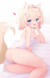 1girls :d absurdres animal_ear_fluff animal_ears ass bandaid bandaid_hair_ornament bed_sheet blonde_hair blue_eyes breasts camisole cleavage commentary crossed_bangs daf_(daf_4) dog_ears dog_girl dog_tail double-parted_bangs english_commentary fake_horns fang female female_only hair_between_eyes hair_intakes hair_ornament hairband head_rest highres hololive hololive_english horn_hairband horns looking_at_viewer lying mococo_abyssgard multicolored_hair no_pants on_side open_mouth panties pink_hairband pink_streaks short_hair skin_fang small_breasts smile solo strap_slip streaked_hair tail two_side_up underwear virtual_youtuber white_camisole white_panties x_hair_ornament