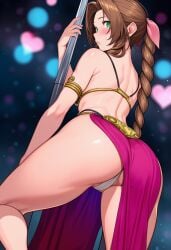 aerith_gainsborough ai_generated ass_focus crossover_cosplay female female_only final_fantasy_vii long_braid lucasfilm novelai pink_ribbon_in_hair pink_thong_bikini pole_dancing slave_bikini slave_leia_(cosplay) square_enix star_wars stripper_pole worms-eye_view
