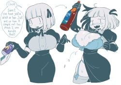 1girls big_breasts black_and_white blush_lines breasts colorless dizzyspells drunk female huge_breasts oc sweat tagme wardrobe_malfunction original original_character alaska_(dizzyspells) hair_ornament bangs bra large_breasts dress english_text