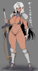 1girl 1girls abs absurdres arm_armor armor bandaged_hand bandages bikini bikini_armor black_bikini blue_eyes breasts claymore_(sword) cleavage dark-skinned_female dark_elf dark_skin elf expressionless female female_only full_body greatsword grey_background groin highres holding holding_sword holding_weapon huge_breasts large_breasts leg_armor long_hair micro_bikini muscular muscular_female navel original panties pointy_ears revealing_clothes scar scar_on_face shiny_skin shoulder_armor skimpy_clothes skindentation solo standing string_bikini string_panties swimsuit sword translation_request two-handed_sword underwear wakura_(gcdan) weapon white_hair zweihander
