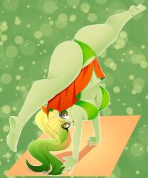 oc original original_character xan-gelx_(xan) xan42705228 green_skin blonde_hair yellow_hair freckles freckles_on_ass green_hair green_panties panties standing_split standing_splits handstand yoga yoga_pose skirt sarong skirt_flip pantyshot clothed bikini_top long_hair extremely_long_hair ponytail ponytail_female