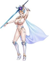 1girl 1girls armor bikini_armor blonde_hair blue_eyes boots breasts cape cleavage curvy demon_girl female female_only full_body gloves hair_bun high_ponytail highres holding holding_object holding_sword holding_weapon horns huge_breasts impractical_armor knee_boots lilith-soft long_fingernails long_hair long_nails looking_at_viewer mature_female nail_polish navel non-web_source painted_fingernails painted_nails pointy_ears ponytail rabidhowl ragnarok_sinmara revealing_clothes serious shiny_skin skimpy_clothes solo sword thong transparent_background weapon white_cape wide_hips