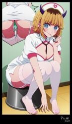 1girl blonde_hair short_hair blunt_bangs blue_eyes demon_horns fake_horns solo mature_female beautiful_face seductive_pose looking_at_viewer happy expressive_face nurse_costume nurse_cap micro_skirt cleavage_window stethoscope garter_belt stockings syringe_in_mouth bent_over sitting full_body feet_focus toes five_toes pedicure manicure masterpiece best_quality ultra_detailed sharp_focus dramatic_lighting 4k 8k memcho oshi_no_ko ai_generated ass_view