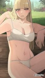 1girls solo female_only female female_focus long_hair armpits collarbone shoulders fingers fingernails cleavage large_breasts breasts midriff belly navel belly_button thighs groin slim_waist slim_female narrow_waist slender_waist slender_body lean_figure upper_body highres high_resolution sitting looking_at_viewer digital digital_media digital_art digital_drawing digital_media_(artwork) digital_drawing_(artwork) 2d 2d_(artwork) 2d_artwork drawing blonde_hair blonde blonde_female blonde-haired_female blonde_hair_female pink_eyes pink-eyed_female eyebrows_visible_through_hair blunt_bangs earrings pierced_ear ear_piercing pierced_ears ear_piercings hairband white_hairband outdoor outdoors outside outdoor_nudity nude naked nudity naked_female nude_female exposed naked_woman half_naked half_nude semi_nude partially_undressed blushing flushed blushing_female blush_face flushed_face blushing_at_viewer blush_lines blushing_lines posing posing_for_the_viewer posing_naked posing_nude underwear_only matching_underwear bra underwear panties white_bra white_underwear white_panties armpit armpit_peek hairless_armpits shaved_armpits armpit_crease busty busty_female busty_girl large_boobs big_breasts big_boobs inguinal_crease inguinal_ligament leg_up bare_skin bare_shoulders bare_chest bare_arms bare_armpits bare_hands bare_midriff bare_belly bare_navel bare_hips bare_thighs bare_legs exposed_skin exposed_shoulders exposed_chest exposed_arms exposed_armpits exposed_midriff exposed_belly exposed_navel exposed_hips exposed_thighs exposed_legs groin_tendon jourd4n day daytime daylight original_artwork original_art original oc original_character claire_(jourd4n)