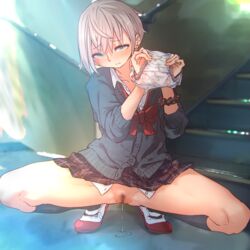 1girls artist_revision blue_eyes female female_only grey_hair nopan panties pantsu pubic_hair pussy pussy_juice pussy_juice_drip school_uniform schoolgirl seifuku short_hair silver_hair skirt_lift socks solo solo_female spread_legs sweater uncensored yamada_(gotyui)