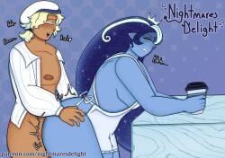 apron apron_only big_ass big_thighs blue_skin cafe cookie_run cookie_run_kingdom fount_of_knowledge fucked_from_behind gay gay_male gay_sex hand_on_ass male/male nightmaresdelight onomatopoeia penetration penetration_from_behind pointy_ears preview public_sex pure_vanilla_cookie shadow_milk_cookie side_view uniform yaoi
