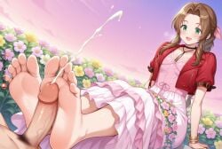 kaifuk ai_generated aerith_gainsborough feet footjob final_fantasy_vii pubic_hair foot_fetish nail_polish garden cum cumshot soles